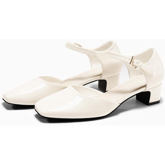 Womens Chunky White Heels Ankle Strap Square Toe Dress Pumps Work Party Shoes - Picture 4 of 5